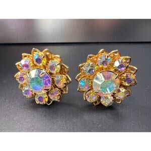 Vintage AB Rhinestone Floral Clip-On Earrings | Mid-Century Costume